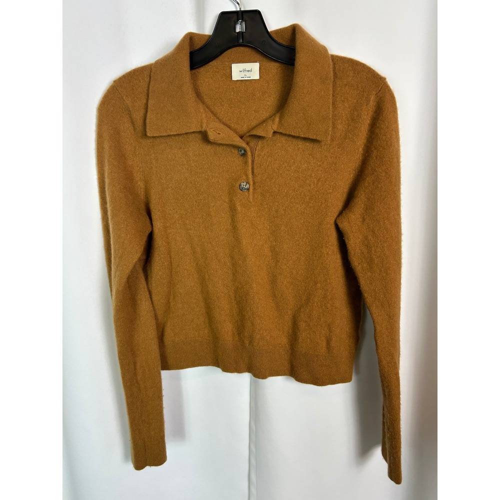 Wilfred Aritzia Brown Solid Cashmere Polo Sweater Cropped Preppy Luxury XL